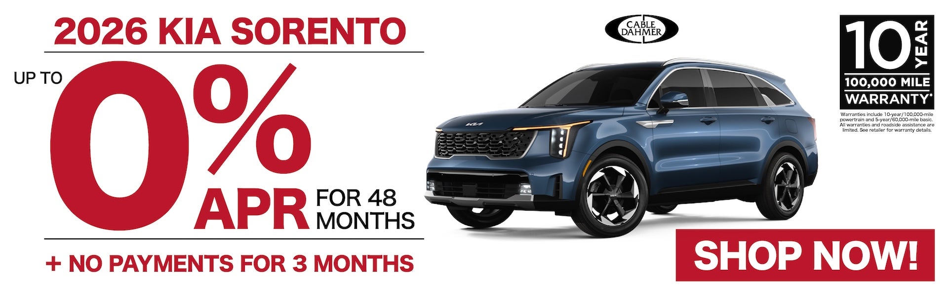 2026 Kia Sorento 0% APR for 48 months + No Payments for 3 Mo