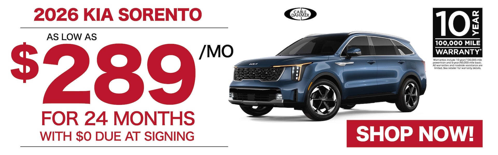 2026 Kia Sorento As low as $289/mo for 24 months with $0 due