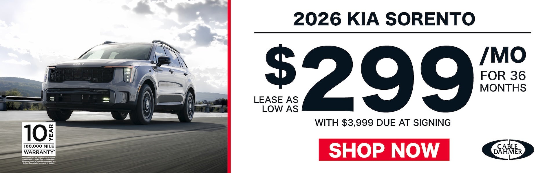 2026 Kia Sorento lease as low as $299/mo