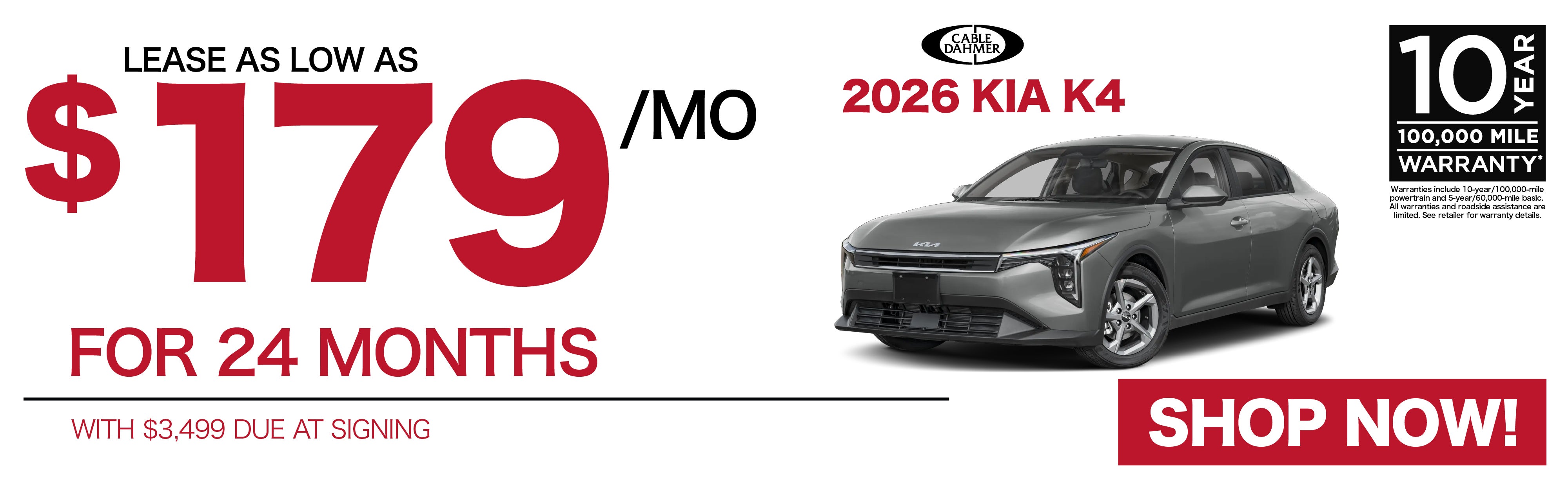 2026 Kia K4 Lease as low as $179/mo for 24 months with $3,49