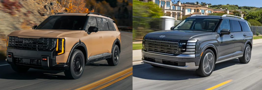 2027 Kia Telluride and 2027 Hyundai Palisade parked side by side